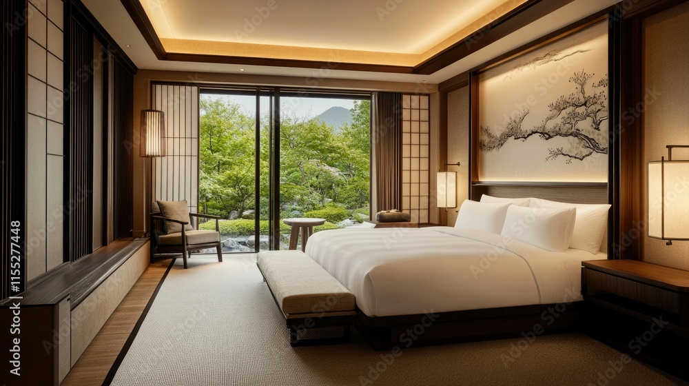 Traditional Japanese suite with tatami mats, shoji screens, and a serene garden view Traditional Japanese suite with tatami mats, shoji screens, and a serene garden view