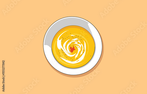 Concept illustration of pumpkin or carrot soup menu (first course, delicious vegetable vitamin food).food. Top view.