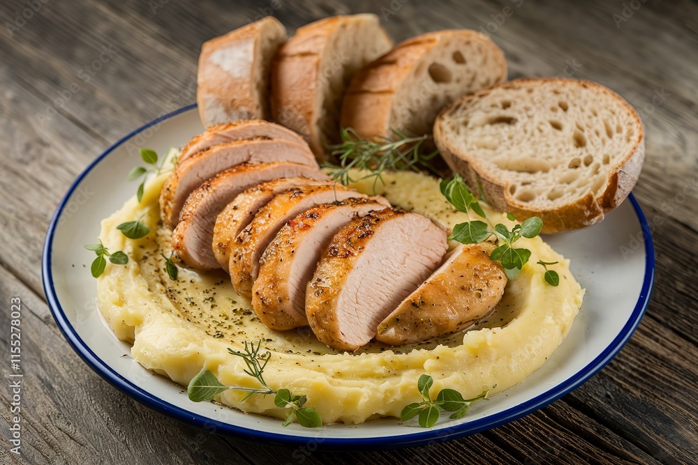 a plate with tasty chicken slices, mushed potatoes, and bread a plate with tasty chicken slices, mushed potatoes, and bread