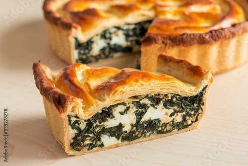 A slice of a spinach and ricotta cheese-filled pie