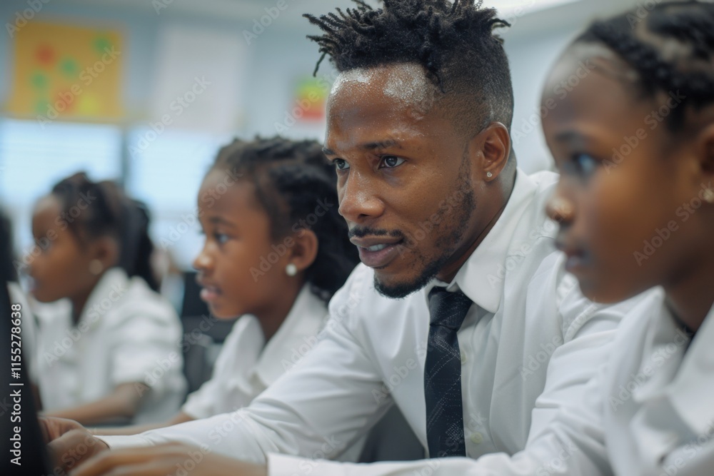 A male tutor attentively helps young students in a classroom setting, fostering a supportive learning environment. A male tutor attentively helps young students in a classroom setting, fostering a supportive learning environment.
