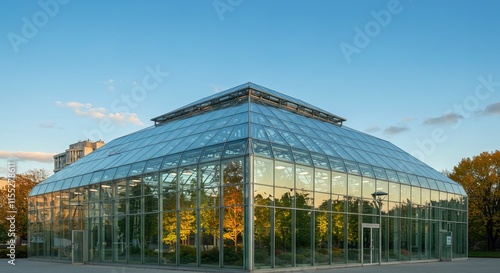 Modern glass greenhouse , lush green trees, blue sky , reflective architecture, urban nature photo