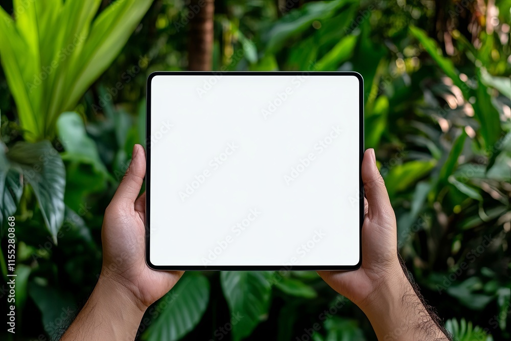 Person Holding Blank Digital Tablet in Nature Person Holding Blank Digital Tablet in Nature