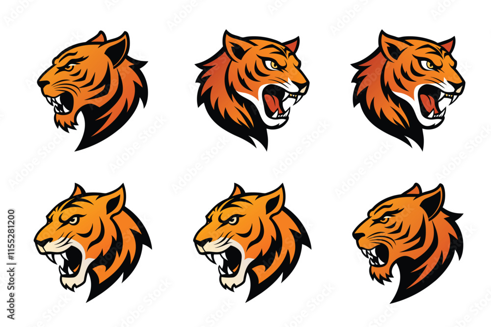 Fototapeta premium Tiger head mascot icon vector illustration. Animal head logo set
