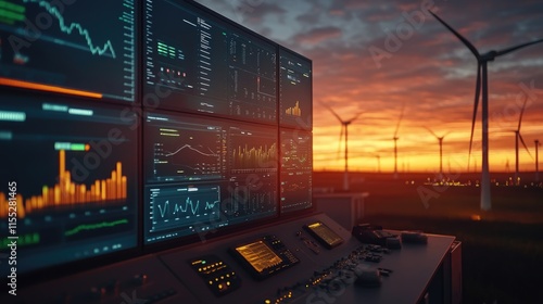 futuristic wind turbines farm or wind power plant with Scada system computer screen monitoring at operations controller room for operator engineer teamwork.