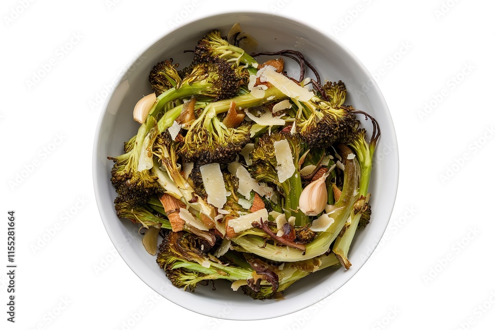 a salad with roasted broccolini sprouts, parmesan cheese, and garlic a salad with roasted broccolini sprouts, parmesan cheese, and garlic