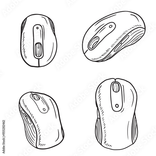 Realistic wireless computer mouse in black isolated on white background. Hand drawn vector sketch illustration in doodle vintage engraved outline, line art style. Desktop laptop equipment work