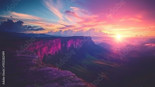 Vibrant Sunset over Majestic Tepui Mountain Range Landscape photo