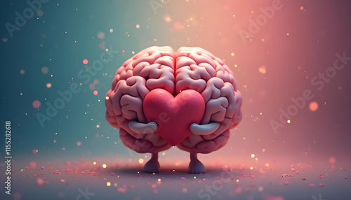 Cute brain hugging a smiling heart with colorful sparkles on a pastel background