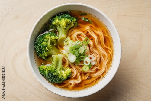 a bowl of golden-yellow noodles in a clear soup photo