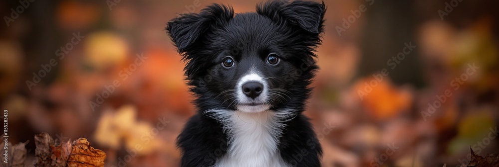 Adorable Black And White Border Collie Puppy With A Sweet Expression, Autumn Background Adorable Black And White Border Collie Puppy With A Sweet Expression, Autumn Background