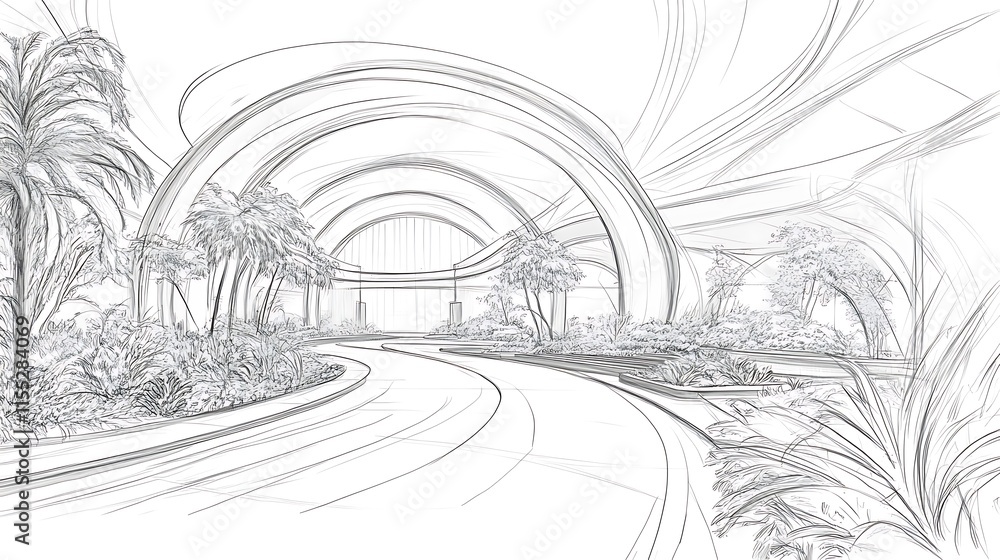 custom made wallpaper toronto digitalElegant Tropical Oasis: Sketch Illustration of a Winding Path Through Lush Greenery. AI Generated