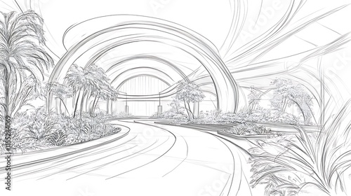 Wallpaper Mural Elegant Tropical Oasis: Sketch Illustration of a Winding Path Through Lush Greenery. AI Generated Torontodigital.ca