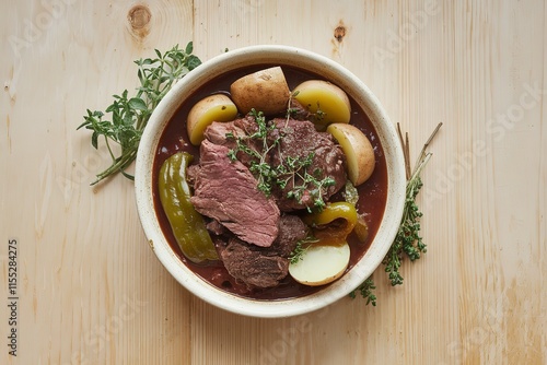 a light wooden background with a bowl of stewed beef meat photo