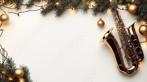Festive saxophone with lights and ornaments on white.