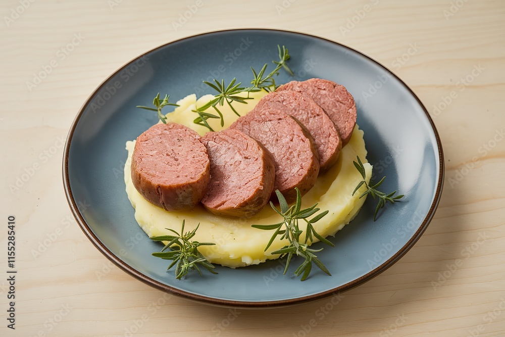 a plate with a sliced beef meat sausage
