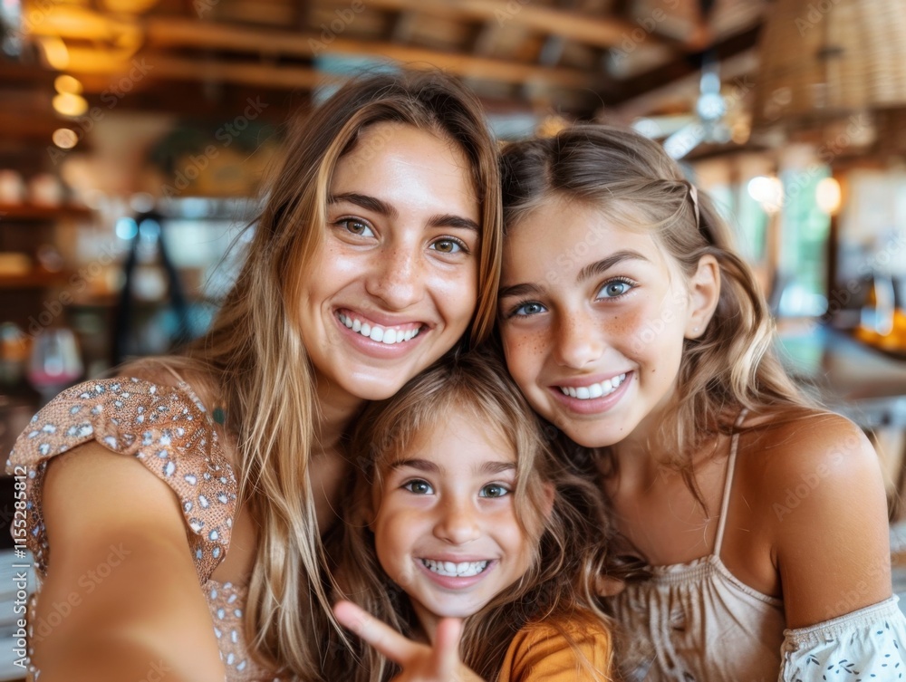 A joyful moment captured with a smiling woman and two little girls taking a selfie in a cozy kitchen setting. A joyful moment captured with a smiling woman and two little girls taking a selfie in a cozy kitchen setting.