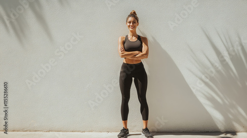 Young, confident woman in workout clothing standing on a sunny day against a plain wall. 