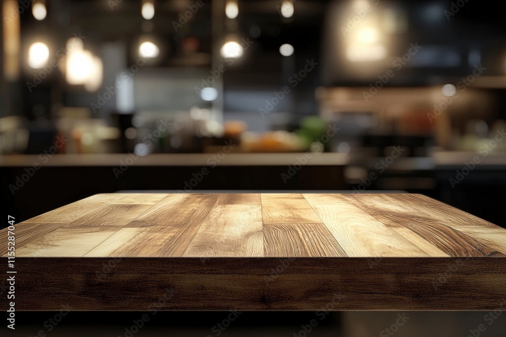 Empty wooden table top with lights bokeh on blur restaurant background. Empty wooden table top with lights bokeh on blur restaurant background.