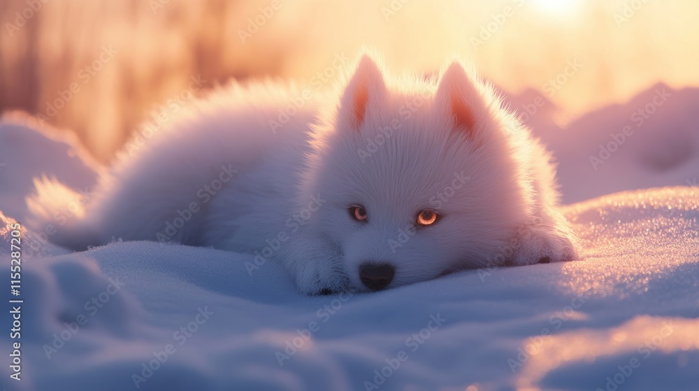 Fototapeta premium A fluffy Samoyed puppy lying on a snowy hill, its white fur blending with the snow, and its face lit by the warm glow of the sun.