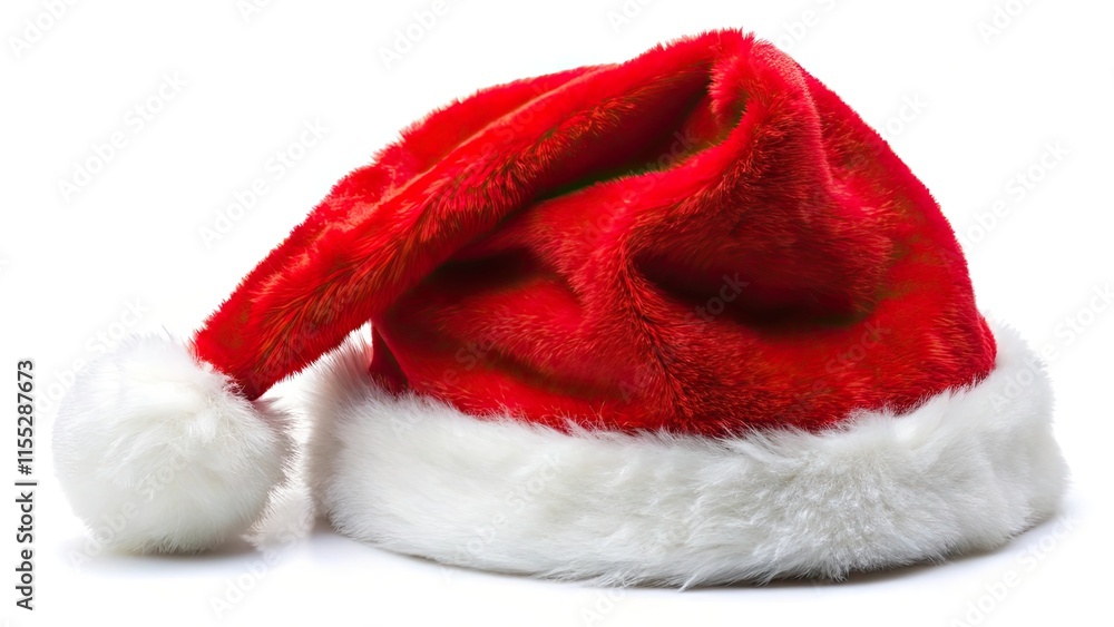 A red Santa Claus hat with white fluffy fur, a traditional Christmas decoration, isolated on a white background A red Santa Claus hat with white fluffy fur, a traditional Christmas decoration, isolated on a white background