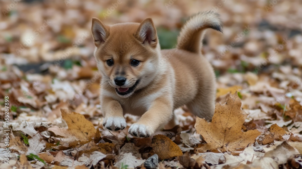 A Shiba Inu puppy with its signature curled tail, playfully pouncing on fallen autumn leaves in a park. A Shiba Inu puppy with its signature curled tail, playfully pouncing on fallen autumn leaves in a park.