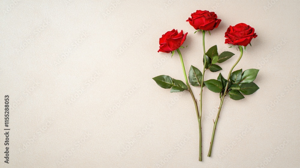 Three Red Roses on Cream Background for Romantic Celebrations Three Red Roses on Cream Background for Romantic Celebrations