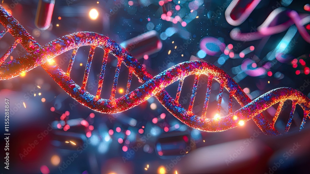 Colorful DNA Strand Close-up with Glowing Effects in a Futuristic Scientific Setting Highlighting Genomic Research and Biotechnological Advances Colorful DNA Strand Close-up with Glowing Effects in a Futuristic Scientific Setting Highlighting Genomic Research and Biotechnological Advances