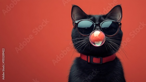 Cool black cat wearing sunglasses with bubble on nose against red background.