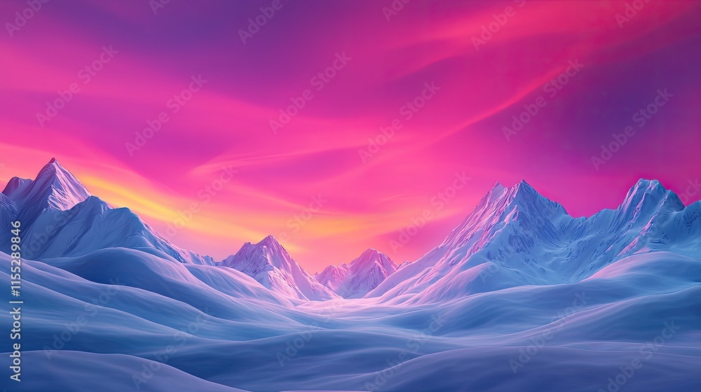 Majestic Snow-Capped Mountains Under Vibrant Pink and Purple Sky at Dusk, Evoking a Sense of Peace and Natural Beauty in Remote Wilderness Majestic Snow-Capped Mountains Under Vibrant Pink and Purple Sky at Dusk, Evoking a Sense of Peace and Natural Beauty in Remote Wilderness