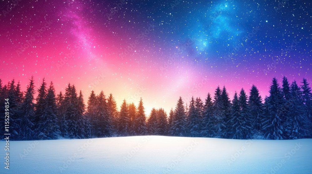 Fototapeta premium Vivid Night Sky Over Snowy Landscape with Colorful Stars and Pine Trees Under a Captivating Gradient of Pink and Blue Hues