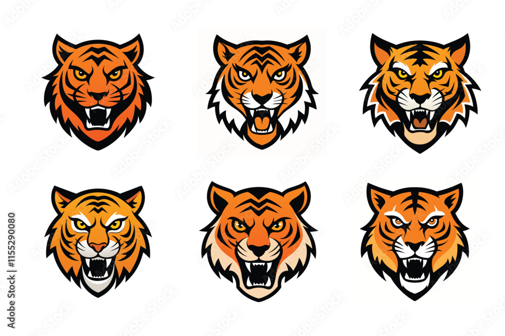 Fototapeta premium Tiger head mascot icon vector illustration. Animal head logo set