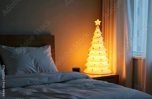 A warm and inviting bedroom with a Christmas tree lamp casting a soft glow, perfect for inspiring cozy and seasonal interior decorations. Selective focus photo