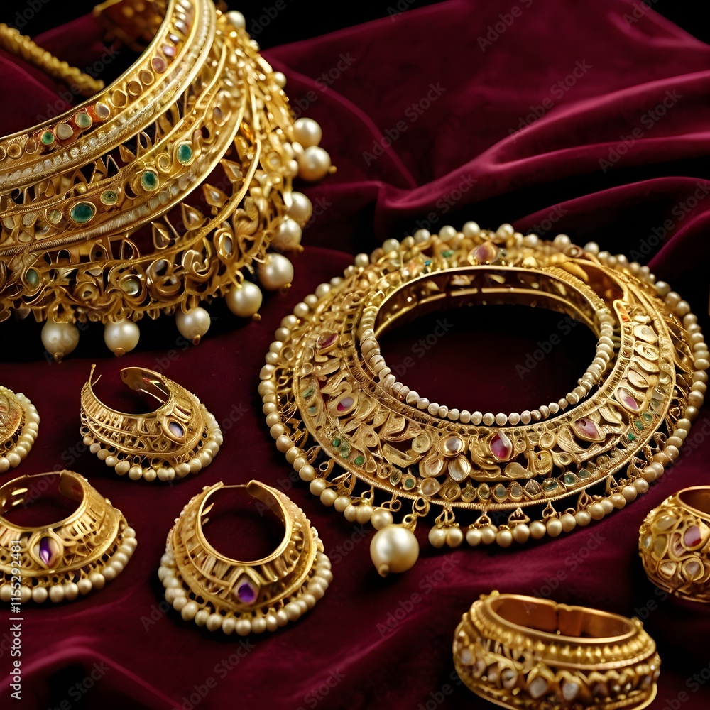 Close-up of a traditional Indian bridal gold jewelry set with intricate designs, including necklace, earrings, and bangles, displayed on a velvet background,Generative Ai
