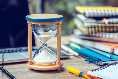 Wooden hourglass on a desk surrounded by notebooks, pens, and a laptop, symbolizing time management, productivity, and the balance of work and study in a modern workspace photo