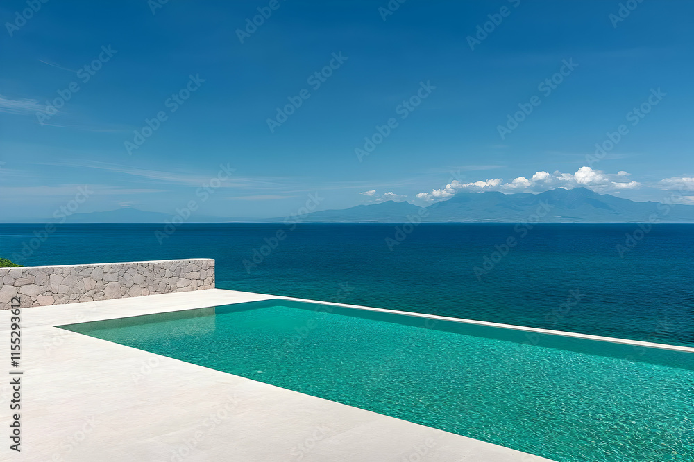 Fototapeta premium Oceanview Poolside Serenity: A Realistic Image