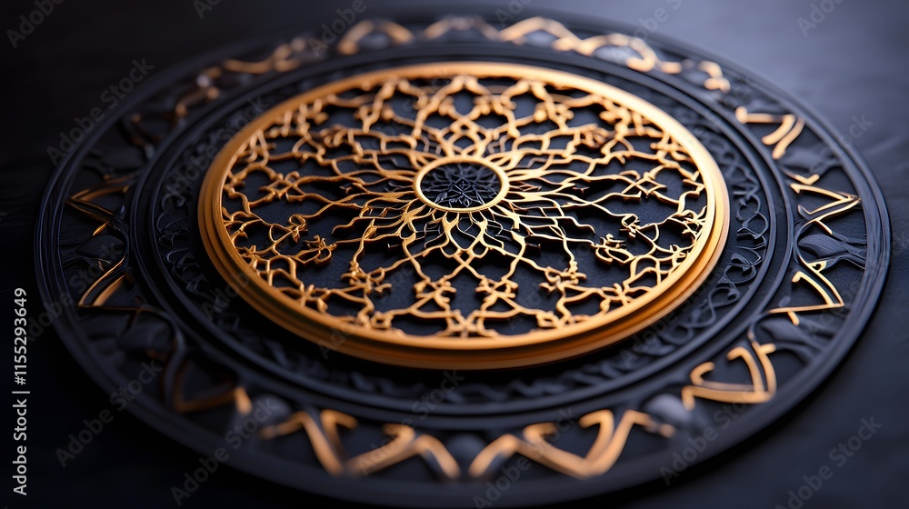 Obraz premium Close-up of an ornate golden mandala design on a black background. The intricate details showcase exceptional craftsmanship. A Symphony of Black and Gold Mandala.