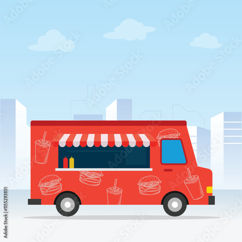 Red food truck street fast food. Retro van side view, on city background Flat vector illustration