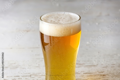 A tall glass filled with a golden liquid, presumably beer, topped with a frothy white head photo