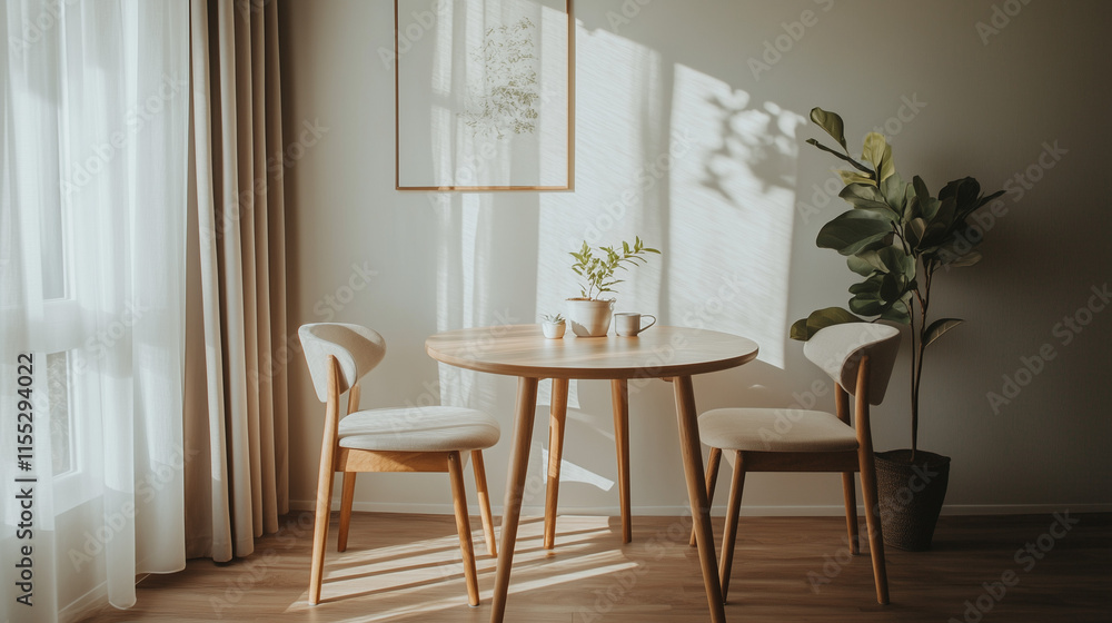 Simple dining area with wooden table and two chairs Simple dining area with wooden table and two chairs