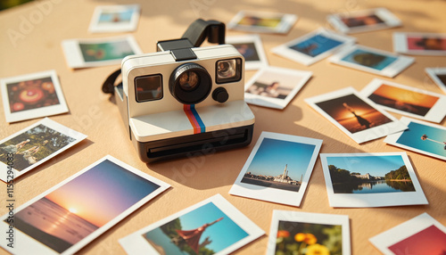 Polaroid camera with scattered instant photos on a table
