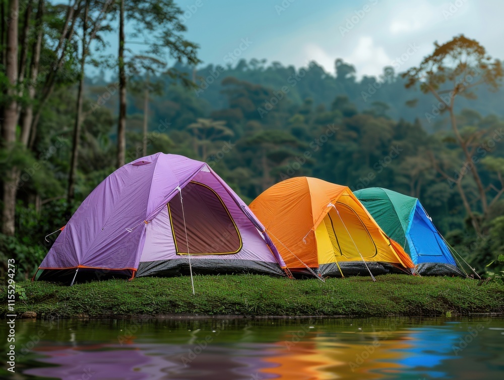 Three colorful tents are pitched on a grassy area by the water, surrounded by lush green forest and a cloudy sky. Three colorful tents are pitched on a grassy area by the water, surrounded by lush green forest and a cloudy sky.
