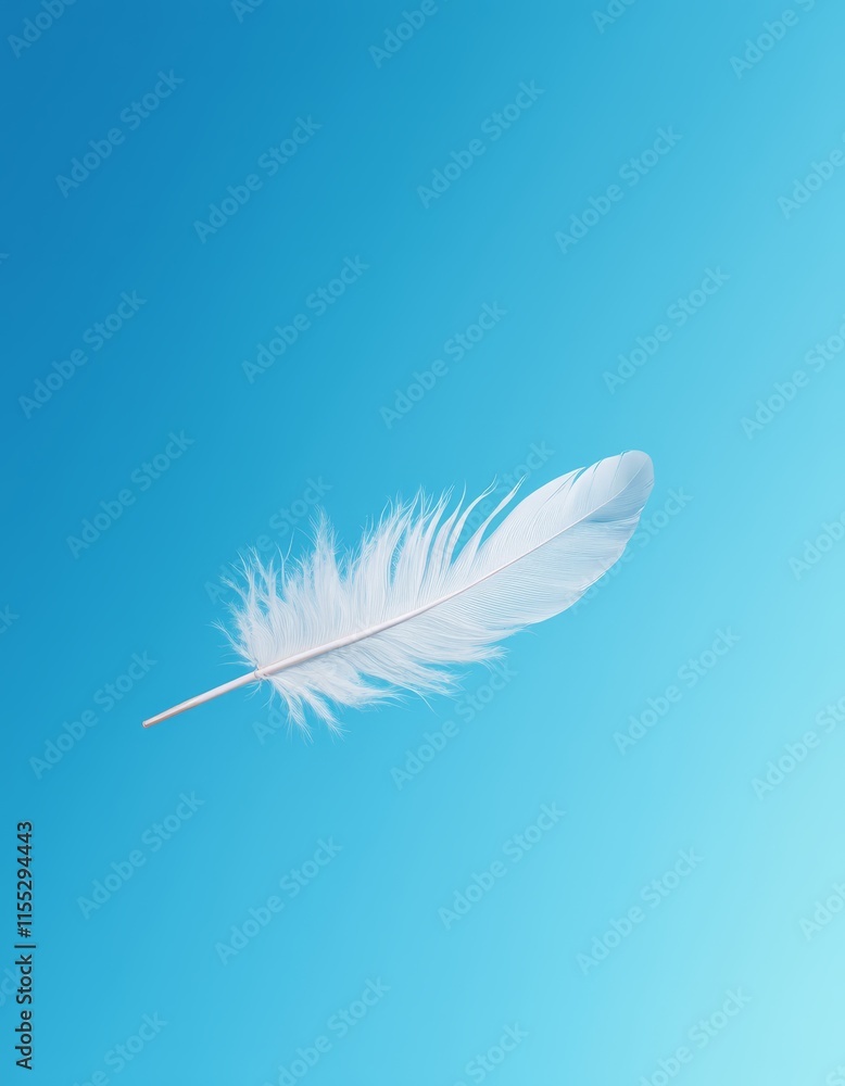 Fototapeta premium A white feather floating in the air on a blue background