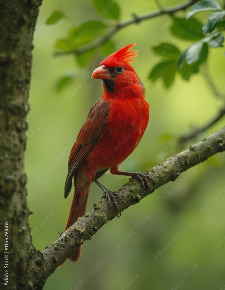 Fototapeta premium A red bird sitting on a tree branch