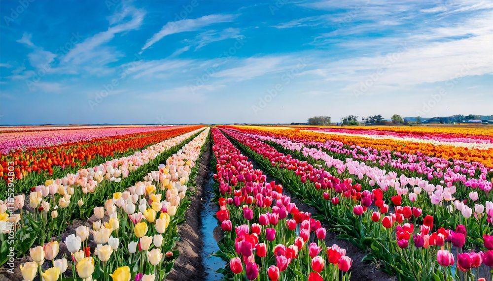 Field of tulips in full bloom with a blue sky backdrop Field of tulips in full bloom with a blue sky backdrop