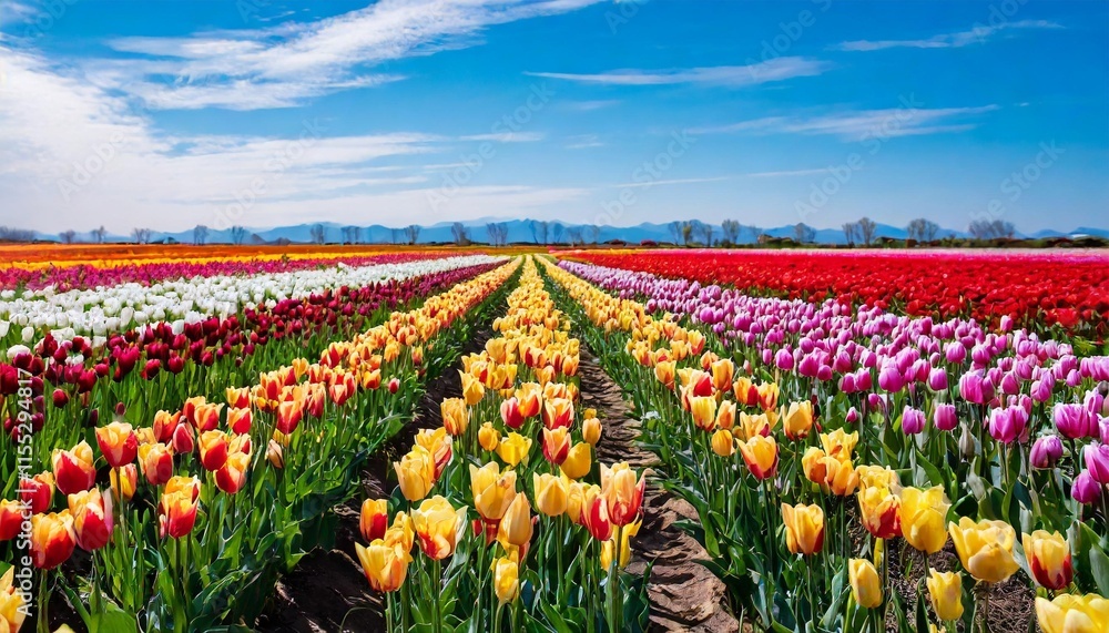 Field of tulips in full bloom with a blue sky backdrop Field of tulips in full bloom with a blue sky backdrop