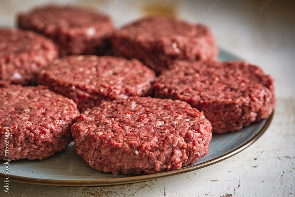 raw hamburger patties arranged on a plate raw hamburger patties arranged on a plate