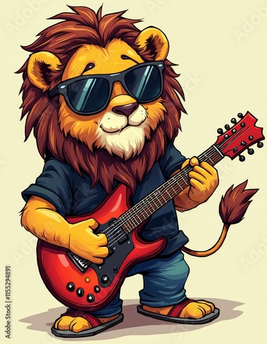 A cartoon lion wearing sunglasses playing a guitar