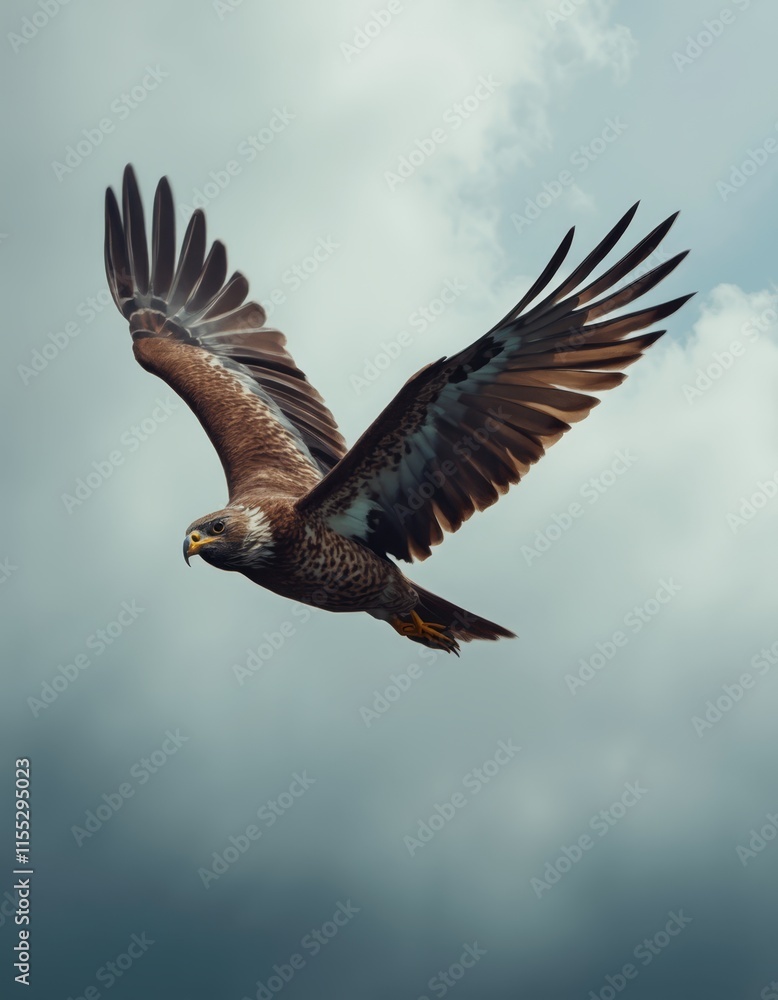 A bird flying through a cloudy sky with its wings spread A bird flying through a cloudy sky with its wings spread