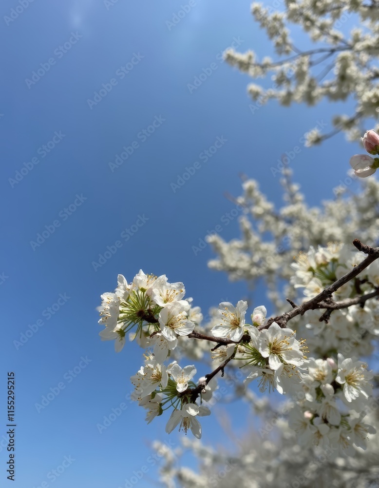 A branch of a tree with white flowers against a blue sky A branch of a tree with white flowers against a blue sky